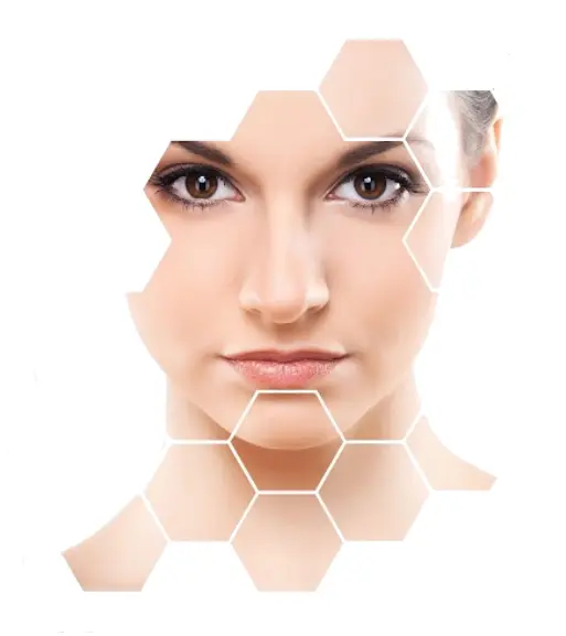 A woman with her face in the middle of a hexagonal pattern.